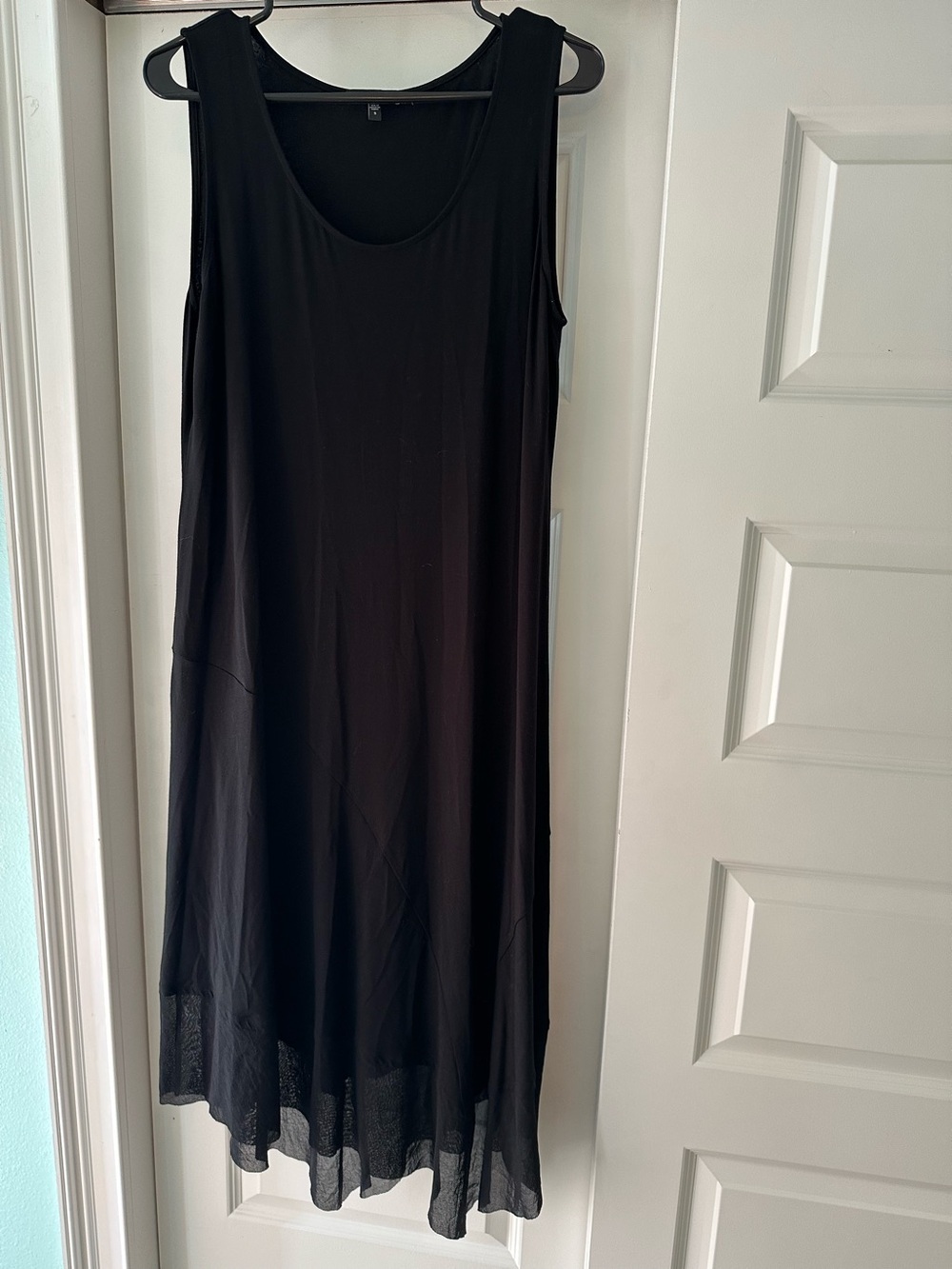 Eileen Fisher Asymmetrical Mesh Hem Rayon Jersey Midi Maxi Dress Black Sz Small